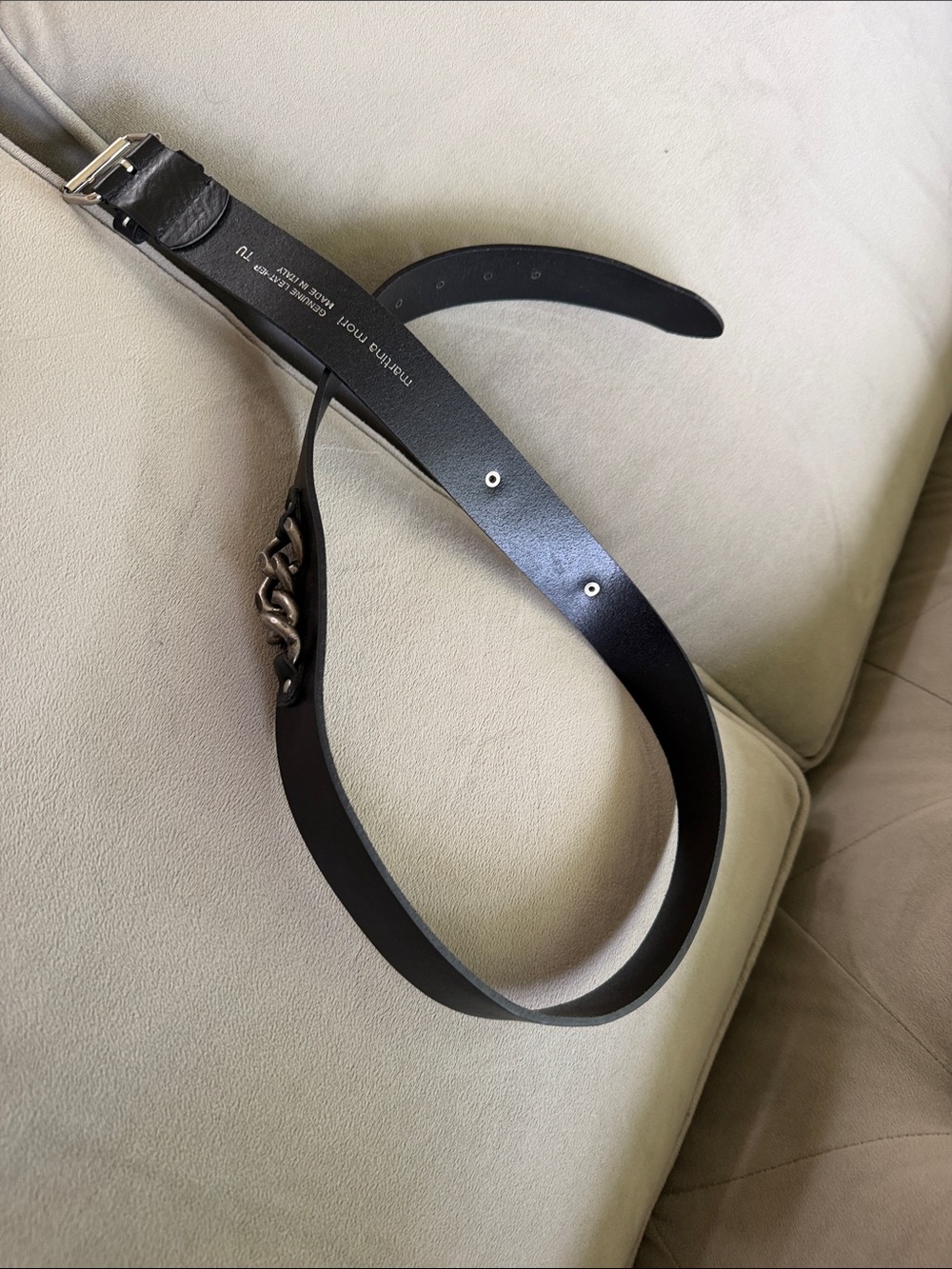 Marni Black Leather Belt with Gunmetal Chain Accent